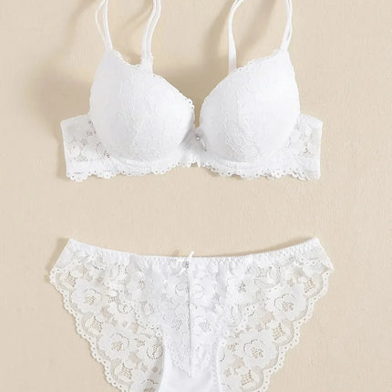 1 Set Elegant Erotic Lace Embroidery Breathable Fabric Lingeries : Push-Up Bra, Low Waist Sheer Panty - Ultimate Valentine's Day