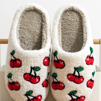 Cute Little Cherry Slippers Women Fluffy Cherries Fur Plush House Shoes Female Bedroom Comfy Home Flat Slip-on Slides New