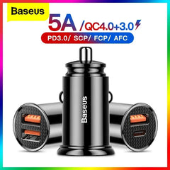 Baseus USB Car Charger Quick Charge 4.0 QC4.0 QC3.0 PPS SCP 5A PD Type C 30W Fast Car USB Charger For iPhone Xiaomi Mobile Phone