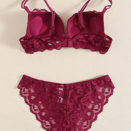 1 Set Elegant Erotic Lace Embroidery Breathable Fabric Lingeries : Push-Up Bra, Low Waist Sheer Panty - Ultimate Valentine's Day