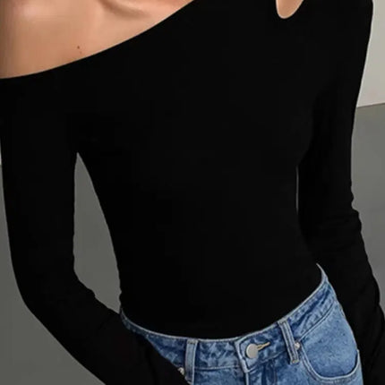 Fashion Skew Collar Off-shoulder Long-sleeved T-shirts Women Spring New Solid Slim Fit Crop Top Sexy Hollow Out Tees Shirts