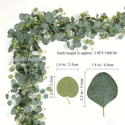 Lush 70.8" Faux Eucalyptus Garland With White Flowers - Perfect For Home & Holiday Decor, Wall Hanging, Yard, And Party Accents
