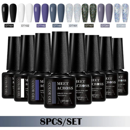 MEET ACROSS 8Pcs/Set Gel Nail Polish Set for All Season Neon Marcaron Green Red Series UV Gel Varnish Manicure Kit Nail Supplies
