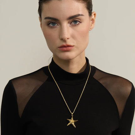 Yhpup 316L Stainless Steel Starfish Pendant Necklace Rust Proof Statement 18K Gold PVD Plated Individualistic Holiday Jewelry