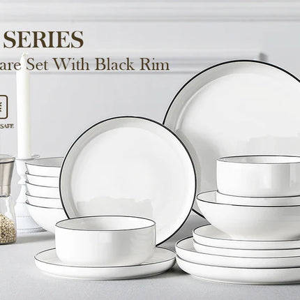 MALACASA 24/48Piece Ceramic Plates Black Rim Porcelain Dinnerware Set  6/12 Pcs Dinner/Soup/Dessert Plates/Bowl Service for 6/12