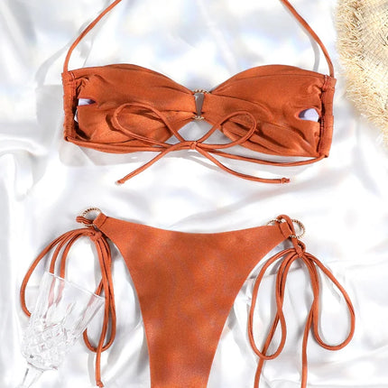 Solid Color Bikinis Push Up Swimwear Women Halter Bikini Set Shiny Swimsuit Push Up Bathing Suits Bandage Beachwear Thong
