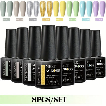 MEET ACROSS 8Pcs/Set Gel Nail Polish Set for All Season Neon Marcaron Green Red Series UV Gel Varnish Manicure Kit Nail Supplies
