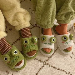 Women Faux Fur Slippers Cute Cartoon Frog Home Slipper Women Men Winter Warm Shoes Soft Plush Lovers Indoor House Floor Slides