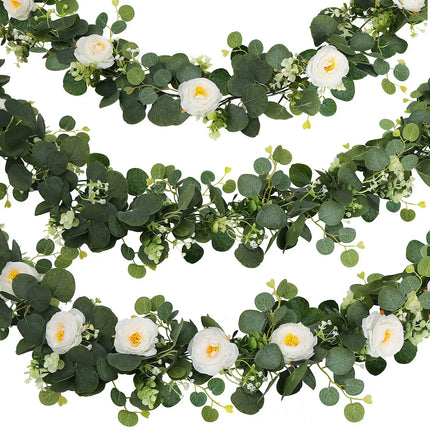 Lush 70.8" Faux Eucalyptus Garland With White Flowers - Perfect For Home & Holiday Decor, Wall Hanging, Yard, And Party Accents