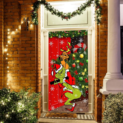 Christmas door banner, Christmas door hanging, Christmas decoration outdoor, Christmas background door hanging (green Grinch)