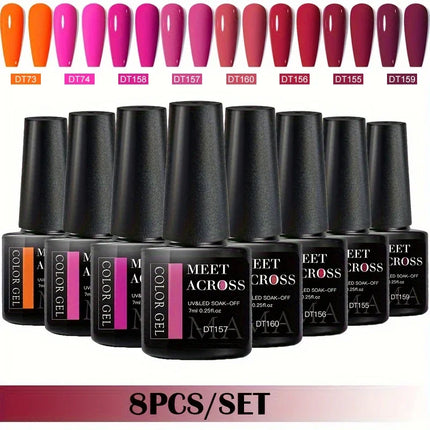 MEET ACROSS 8Pcs/Set Gel Nail Polish Set for All Season Neon Marcaron Green Red Series UV Gel Varnish Manicure Kit Nail Supplies