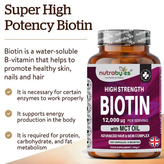 Biotin 12,000mcg with MCT Oil, 180 Capsules