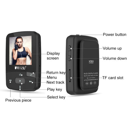 New Arrival Original RUIZU X50 Sport Bluetooth MP3 Player 8gb Clip Mini with Screen Support FM,Recording,E-Book,Clock,Pedometer
