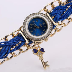 Women Round Dial Diamond Braided Hand Strap Quartz Watch with Key Pendant