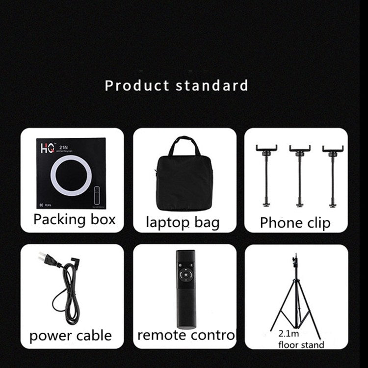 HQ-21N 21 inch 52.5cm LED Ring Vlogging Photography Video Lights Kits with Remote Control & Phone Clamp & 2.1m Tripod Mount, EU Plug, 21 inch