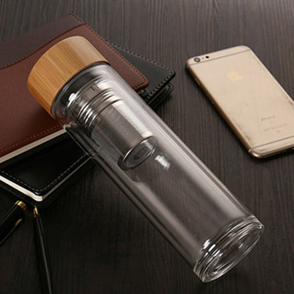Glass Water Tea Bottles with Infuser Bamboo Lid Double Wall Brief Portable Outdoor Bottle, 350ML, 450ML