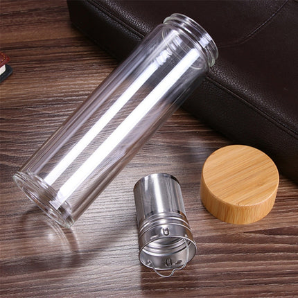 Glass Water Tea Bottles with Infuser Bamboo Lid Double Wall Brief Portable Outdoor Bottle, 350ML, 450ML