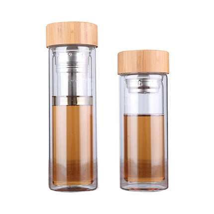 Glass Water Tea Bottles with Infuser Bamboo Lid Double Wall Brief Portable Outdoor Bottle, 350ML, 450ML
