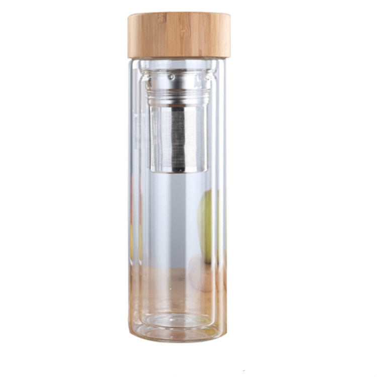 Glass Water Tea Bottles with Infuser Bamboo Lid Double Wall Brief Portable Outdoor Bottle, 350ML, 450ML