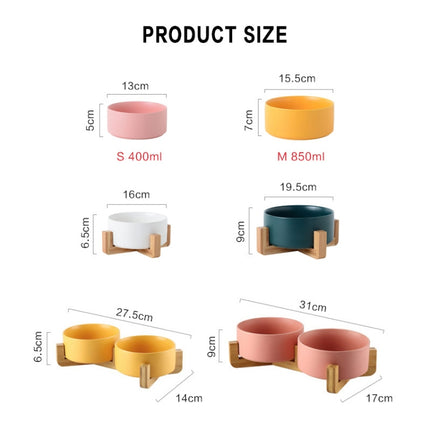 Cat Bowl Dog Pot Pet Ceramic Bowl, 13cm/400ml Single Bowl, 13cm/400ml Single Bowl With Wooden Stand, 13cm/400ml Double Bowl With Wooden Stand, 15.5cm/850ml Single Bowl, 15.5cm/850ml Single Bowl With Wooden Stand, 15.5cm/850ml Double Bowl With Wooden Stand