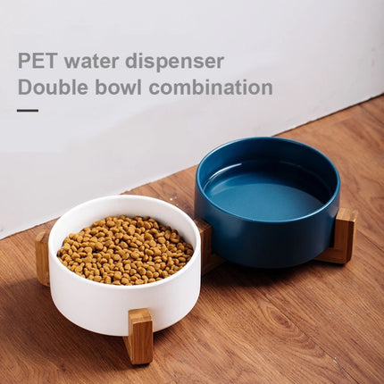 Cat Bowl Dog Pot Pet Ceramic Bowl, 13cm/400ml Single Bowl, 13cm/400ml Single Bowl With Wooden Stand, 13cm/400ml Double Bowl With Wooden Stand, 15.5cm/850ml Single Bowl, 15.5cm/850ml Single Bowl With Wooden Stand, 15.5cm/850ml Double Bowl With Wooden Stand