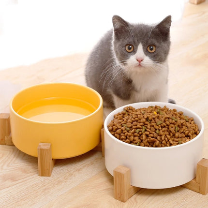 Cat Bowl Dog Pot Pet Ceramic Bowl, 13cm/400ml Single Bowl, 13cm/400ml Single Bowl With Wooden Stand, 13cm/400ml Double Bowl With Wooden Stand, 15.5cm/850ml Single Bowl, 15.5cm/850ml Single Bowl With Wooden Stand, 15.5cm/850ml Double Bowl With Wooden Stand