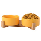 13cm/400ml Double Bowl With Wooden Stand / Yellow