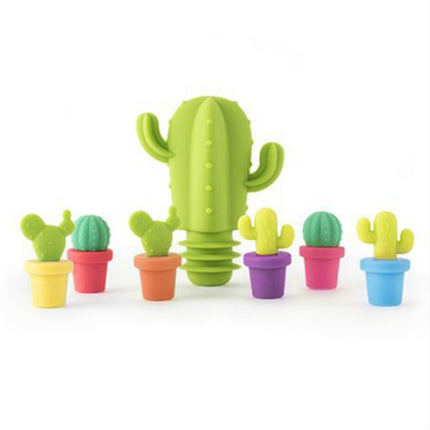 7 PCS Creative Cactus Silicone Wine Bottle Stopper + Wine Glass Marker Set, 7 in 1 Wine Bottle Stopper