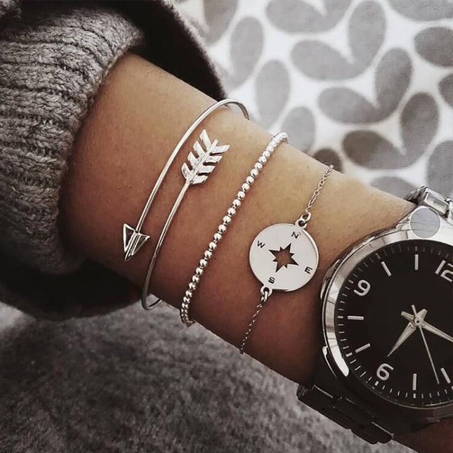 3pcs / Set Silver Bohemian Hollow Arrow Compass Beads Chain for Women
