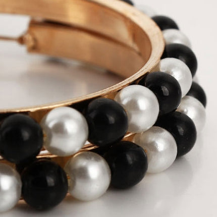 1 Pair Girls Hoop Pearl Earring With Big Circle, Black, White, Black and White