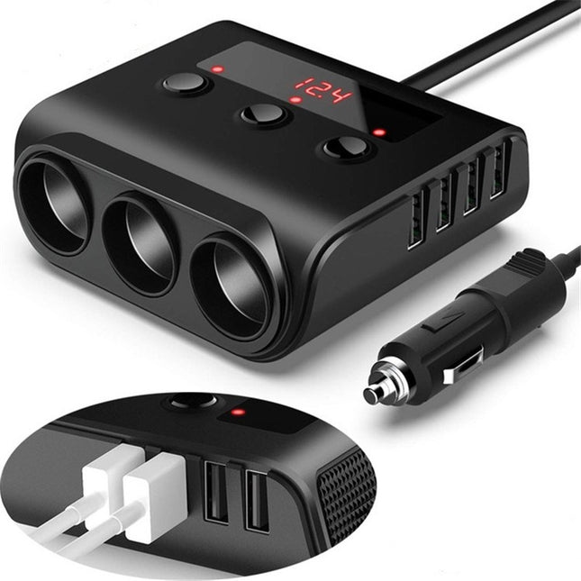 TR12 100W Car Cigarette Lighter One Drag Three With Switch Voltage Display 4USB Car Cigarette Lighteri, TR12 (Black), TR12