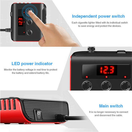 TR12 100W Car Cigarette Lighter One Drag Three With Switch Voltage Display 4USB Car Cigarette Lighteri, TR12 (Black), TR12
