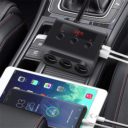 TR12 100W Car Cigarette Lighter One Drag Three With Switch Voltage Display 4USB Car Cigarette Lighteri, TR12 (Black), TR12