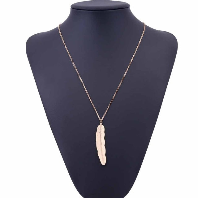 Vintage Long Necklace Jewelry Simple Feather Pendant Necklaces, Gold, Silver