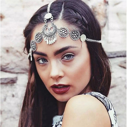 Silver Vintage Tassel Hair Jewelry Metal Coin Headband Long Punk Head Chain Piece Forehead Headpiece