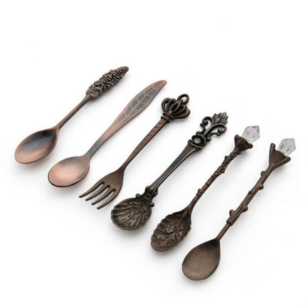 6pcs / Set Vintage Mini Coffee Spoons Suit Royal Style Metal Carved Coffee Fruit Cutler Dessert Flatware Kitchen Tools, Gold, Red Bronze, Antique Bronze（With Red Fork）, Antique Bronze（With Antique Fork）, Silver