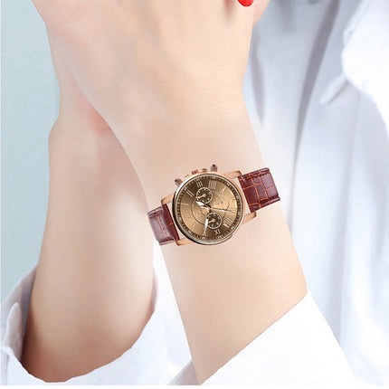 Three-eye Six-needle Imitation Belt Quartz Watch for Women / Men, Black, Blue, Brown, White