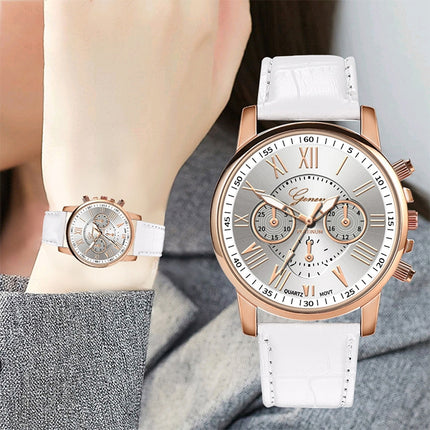 Three-eye Six-needle Imitation Belt Quartz Watch for Women / Men, Black, Blue, Brown, White