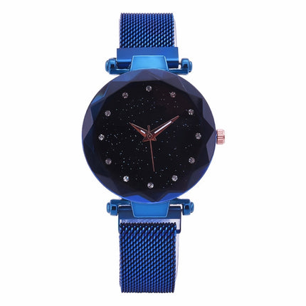 Luxury Mesh Ladies Clock Magnet Buckle Starry Diamond Geometric Quartz Wristwatch Women Watches, Rose gold, Blue, Black, Purple