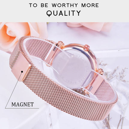 Luxury Mesh Ladies Clock Magnet Buckle Starry Diamond Geometric Quartz Wristwatch Women Watches, Rose gold, Blue, Black, Purple