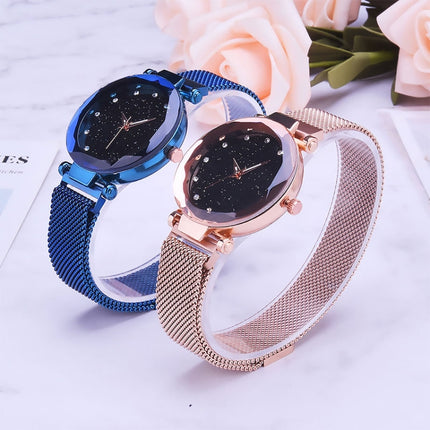 Luxury Mesh Ladies Clock Magnet Buckle Starry Diamond Geometric Quartz Wristwatch Women Watches, Rose gold, Blue, Black, Purple