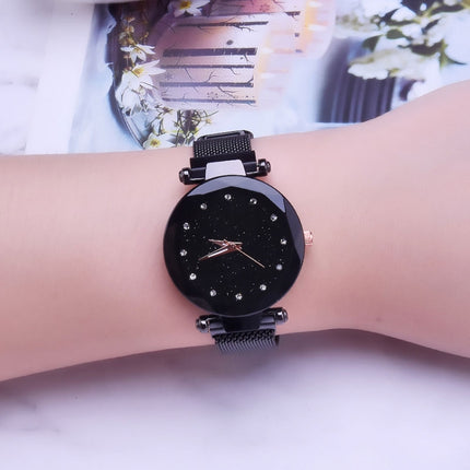 Luxury Mesh Ladies Clock Magnet Buckle Starry Diamond Geometric Quartz Wristwatch Women Watches, Rose gold, Blue, Black, Purple