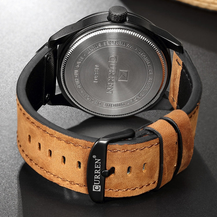 CURREN M8301 Men Military Sports Watch Quartz Date Clock Leather Wristwatch, black case orange, black case red, black case black face deep brown band, black case grey face light brown band, black case blue