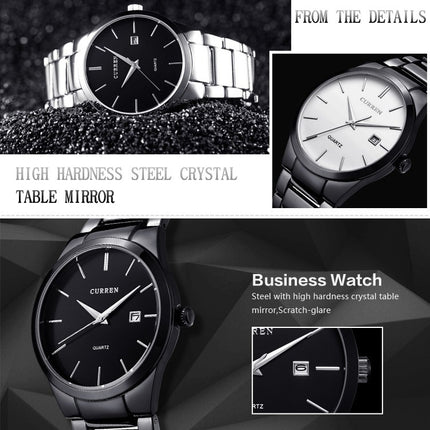 CURREN 8106 Fashion Business Calendar Waterproof Full Steel Quartz Watch, black case black face, white case black face, black case white face, white case white face