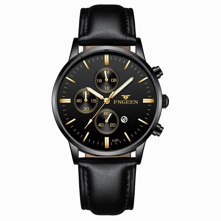 FNGEEN W5128 Men Three Eyes Subdial Luminous Quartz Watch Student Simple Watch, Black Leather Gold Shell Gold Surface, Black Leather Gold Shell Black Surface, Black Leather Gold Shell White Surface, All Black Surface Golden Nails�����������������������...