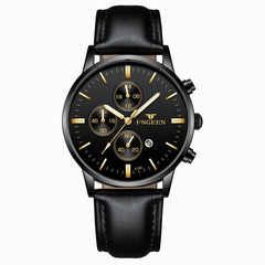 FNGEEN W5128 Men Three Eyes Subdial Luminous Quartz Watch Student Simple Watch, Black Leather Gold Shell Gold Surface, Black Leather Gold Shell Black Surface, Black Leather Gold Shell White Surface, All Black Surface Golden Nails�����������������������...