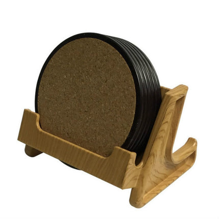 Home Daily Wood Round Cork Coaster PP Coaster Holder, 6 Coasters, Coaster Stand, 6 Coasters + Shelf