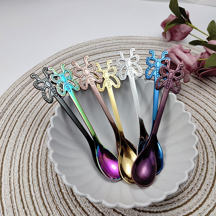Multicolor Stainless Steel Butterfly Coffee Spoon Fruit Cold Drink Ice Cream Dessert Tea Spoon, Silver, Gold, Rose Gold, Rainbow, Black, Blue, Purple