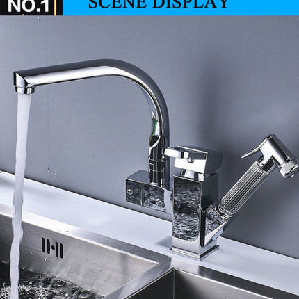 Kitchen Faucet Mixer Tap Single Handle Two Swivel Spouts Hot Cold Water Tap Pull Out Flushing Spray Tap