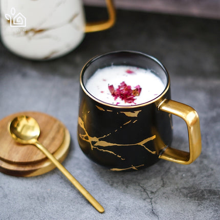 Marble Matte Gold Series Ceramic Tea Cup Coffee Mug With Wooden Lid Or Tray